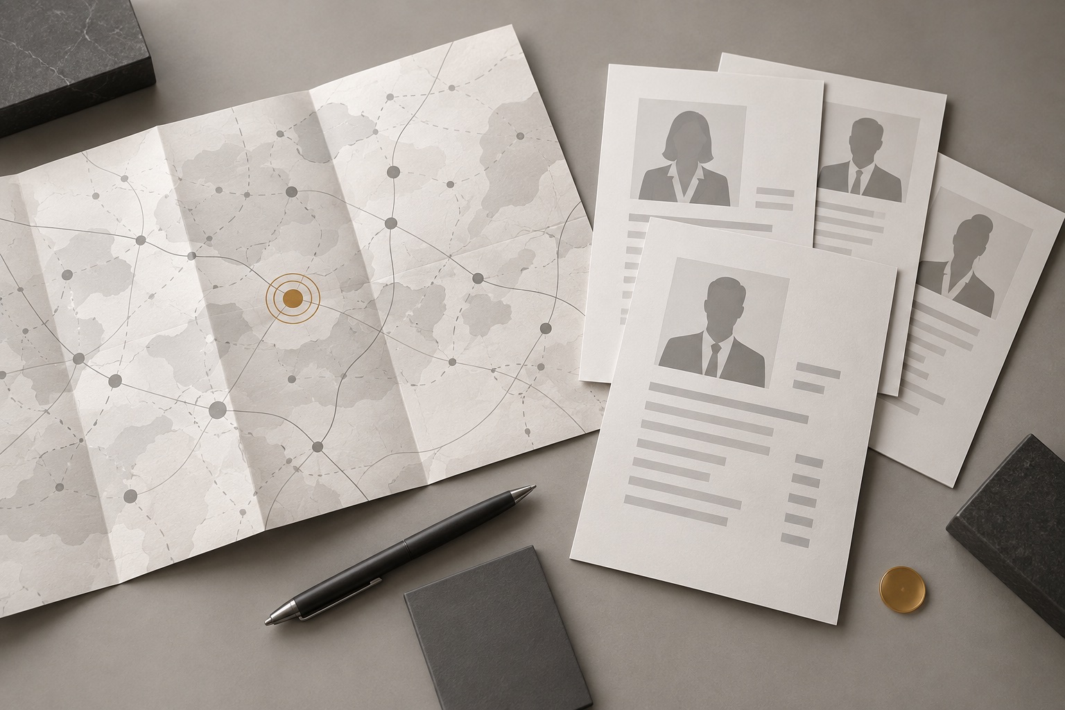 An abstract regional map linked to anonymous executive profile sheets, with one prospect marked for review.