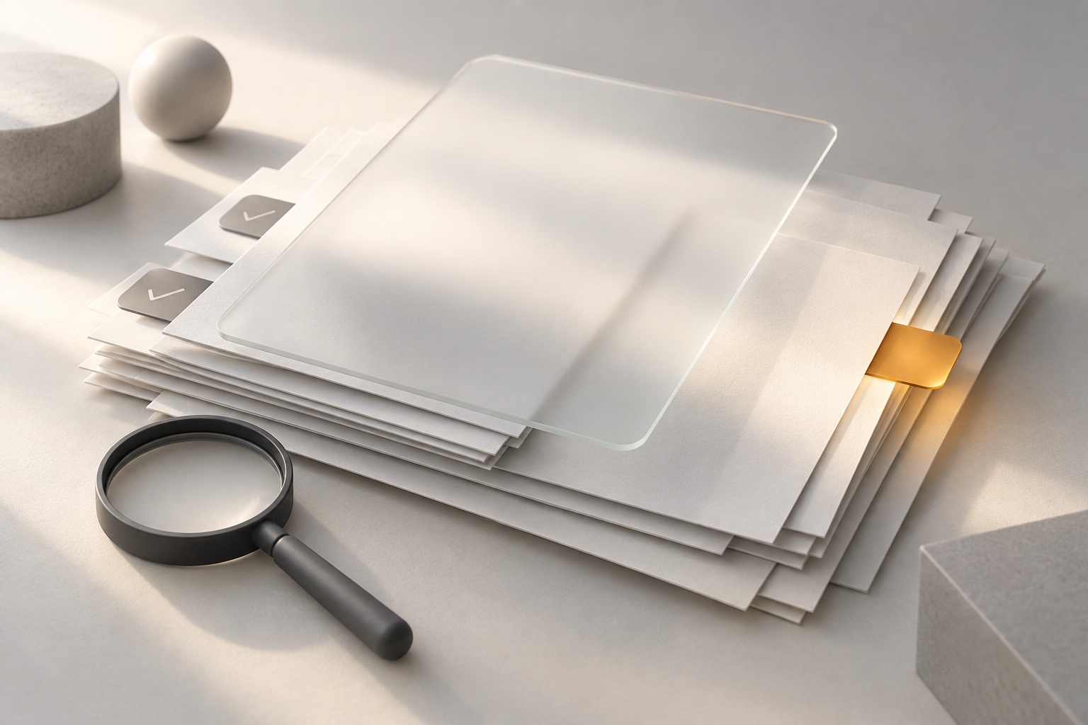 Anonymous blank document sheets under a frosted review surface, with one item marked for attention.