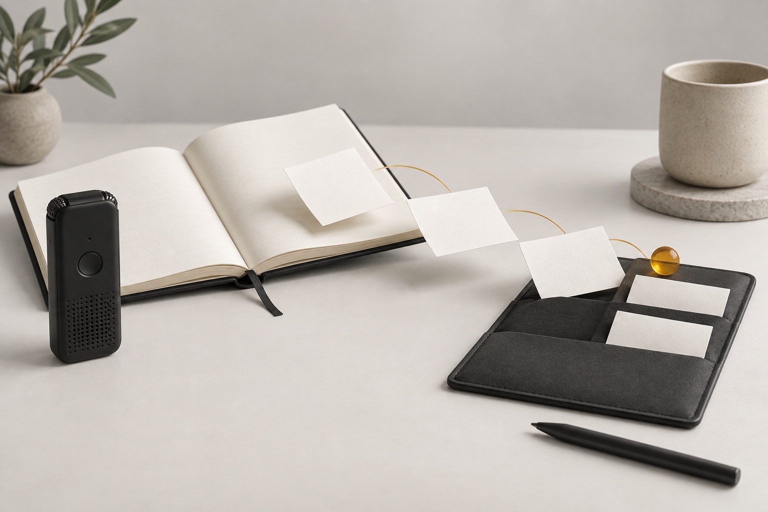 A voice recorder beside a blank meeting notebook and a sequence of follow-up sheets.
