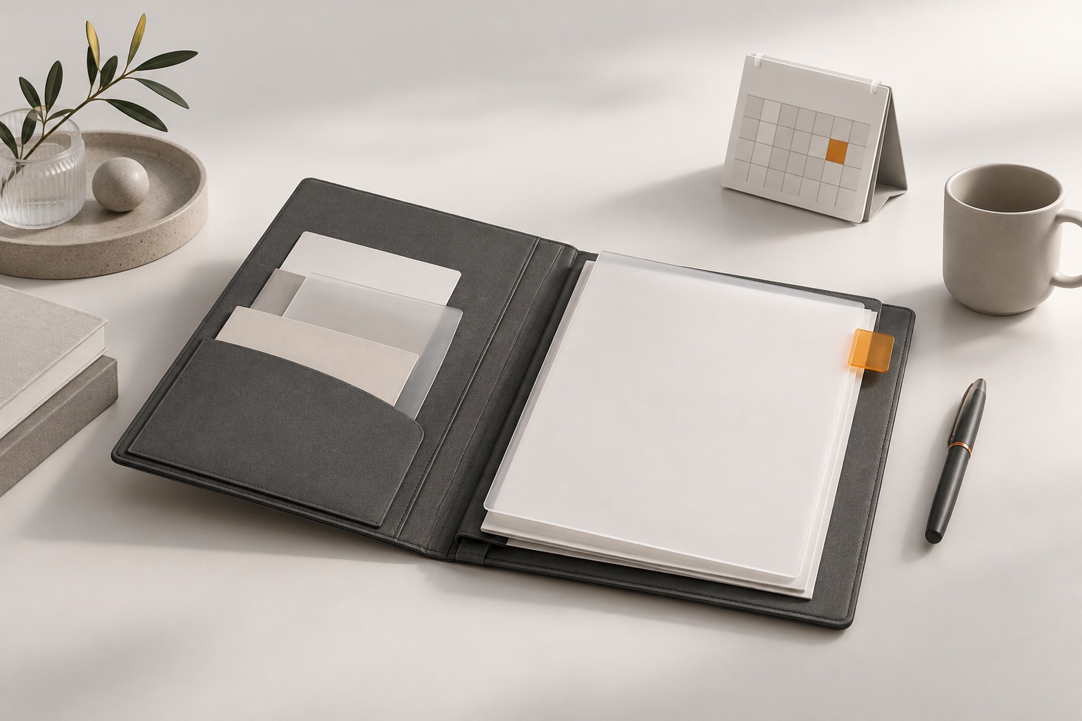 A graphite folio, blank briefing sheets, and a calendar arranged for meeting preparation.